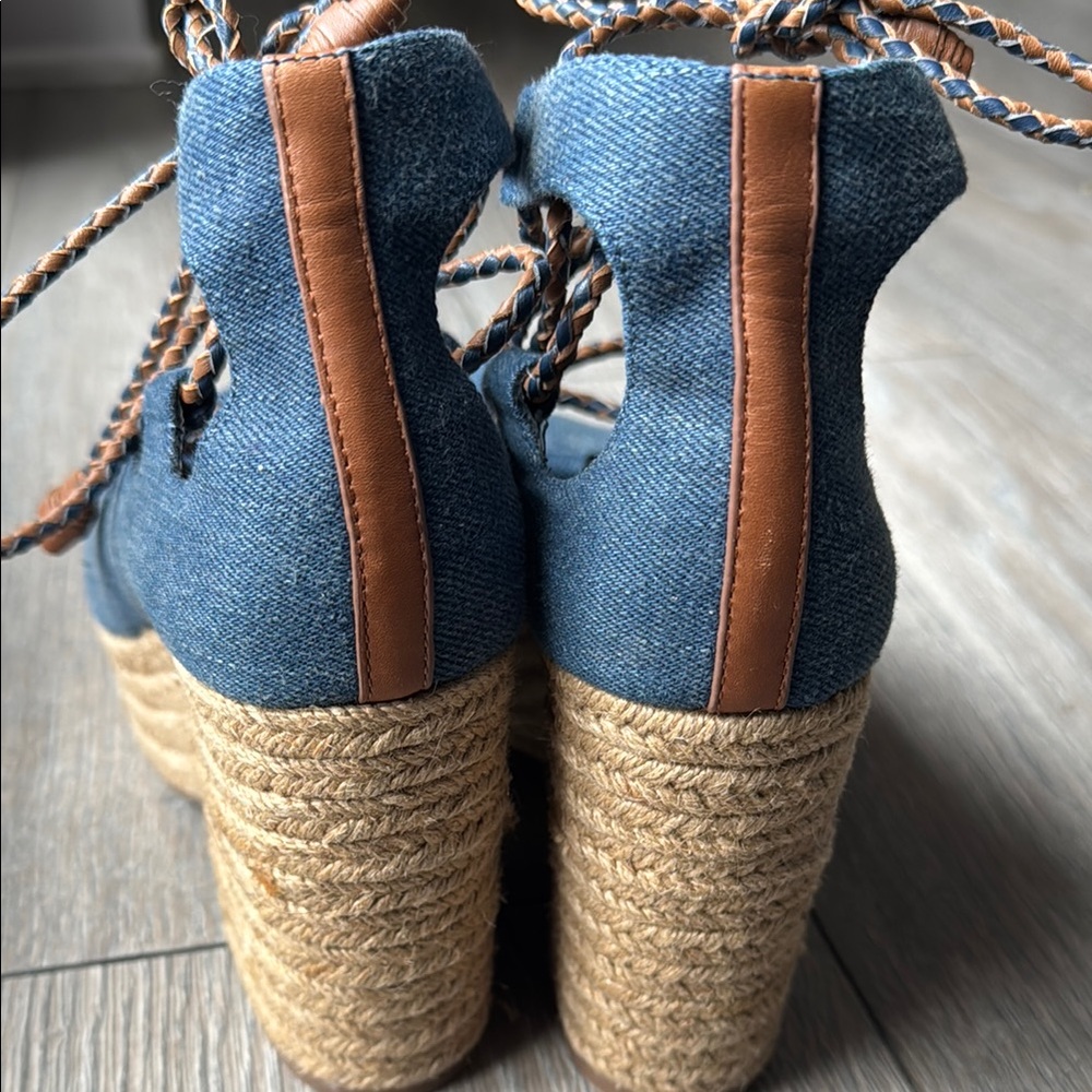 Tory Burch Blue and Brown Wedge Sandals with Lace-Up Design - Picture 5 of 10